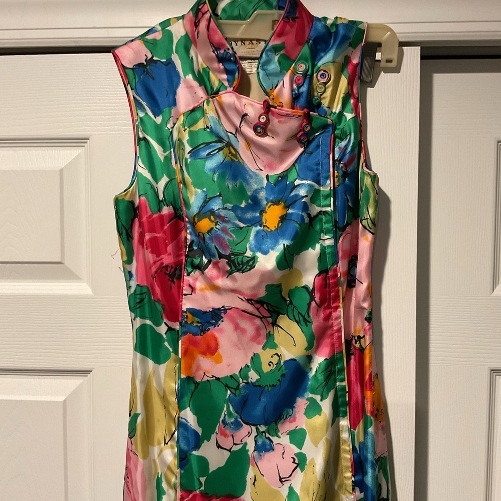 Dynasty 1960s Vintage Silk Japanese Oriental Hawaiian Flower Maxi Dress Y2K, 10 - Picture 4 of 6